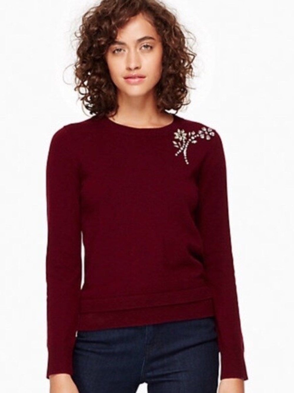 Kate Spade Sweater Embellished Brooch Wool Burgundy